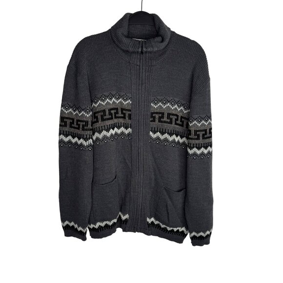 Vintage London Fog Men's XL Grey Geometric Fair Isle Zip-Up Sweater with Pockets - Picture 1 of 8